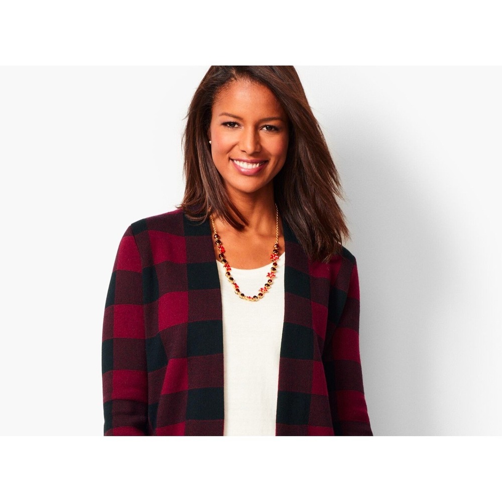 Talbots MP Merino Wool Plaid Cropped Cardigan Sweater Open Jacket Burgundy Black